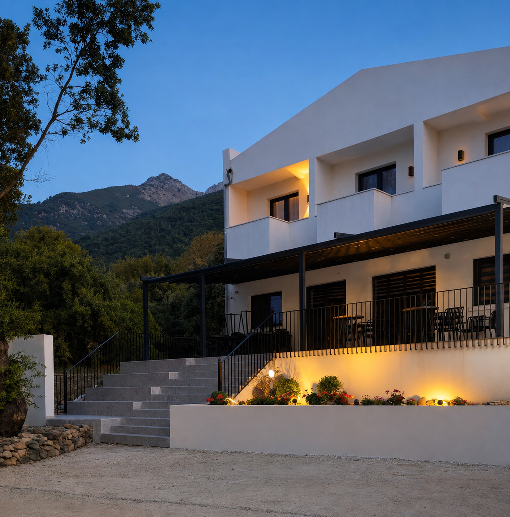 Aetheria Resort exterior at dusk